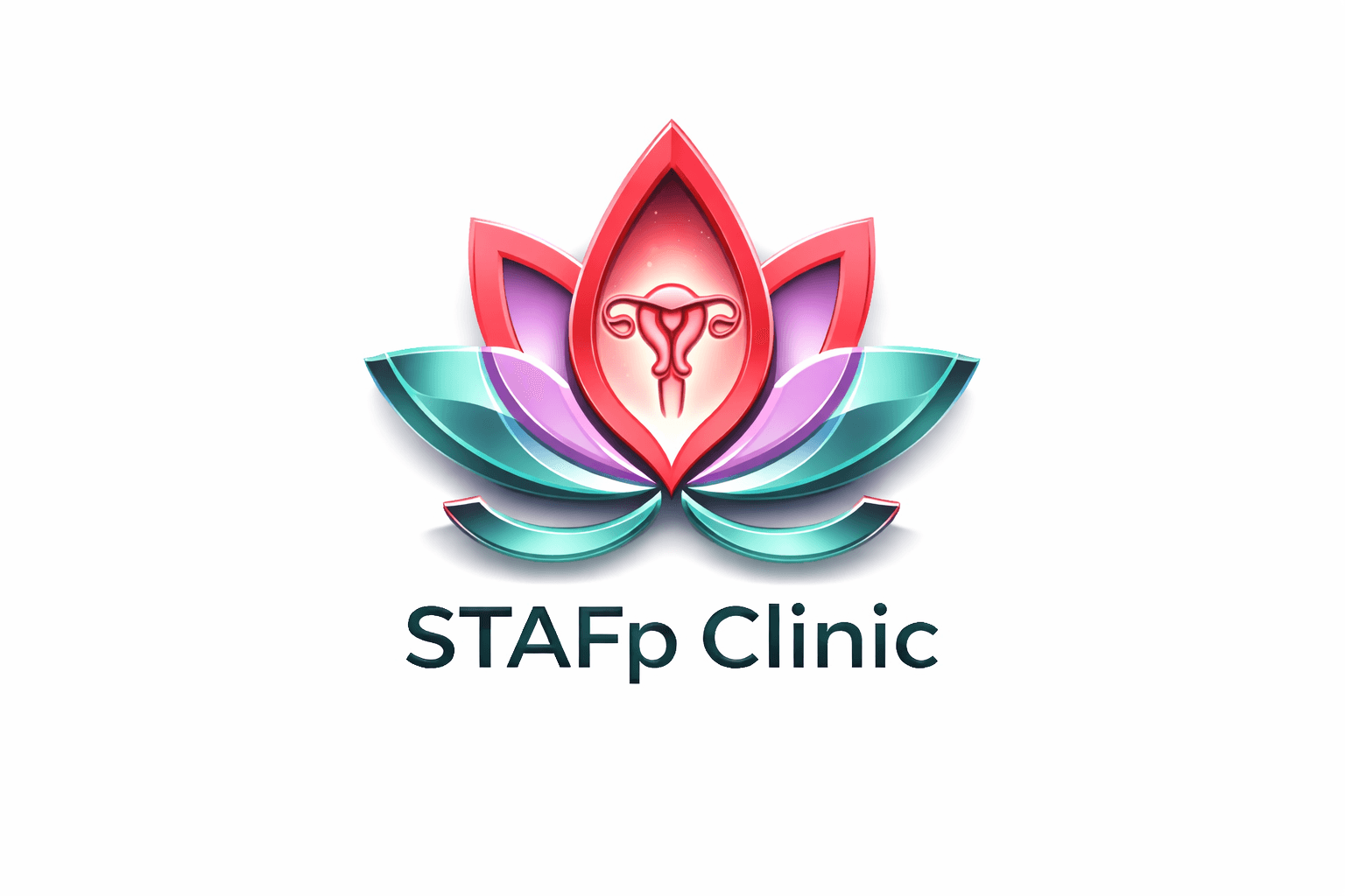 STAFp Clinic logo featuring a vibrant lotus flower with a pink uterus icon inside.