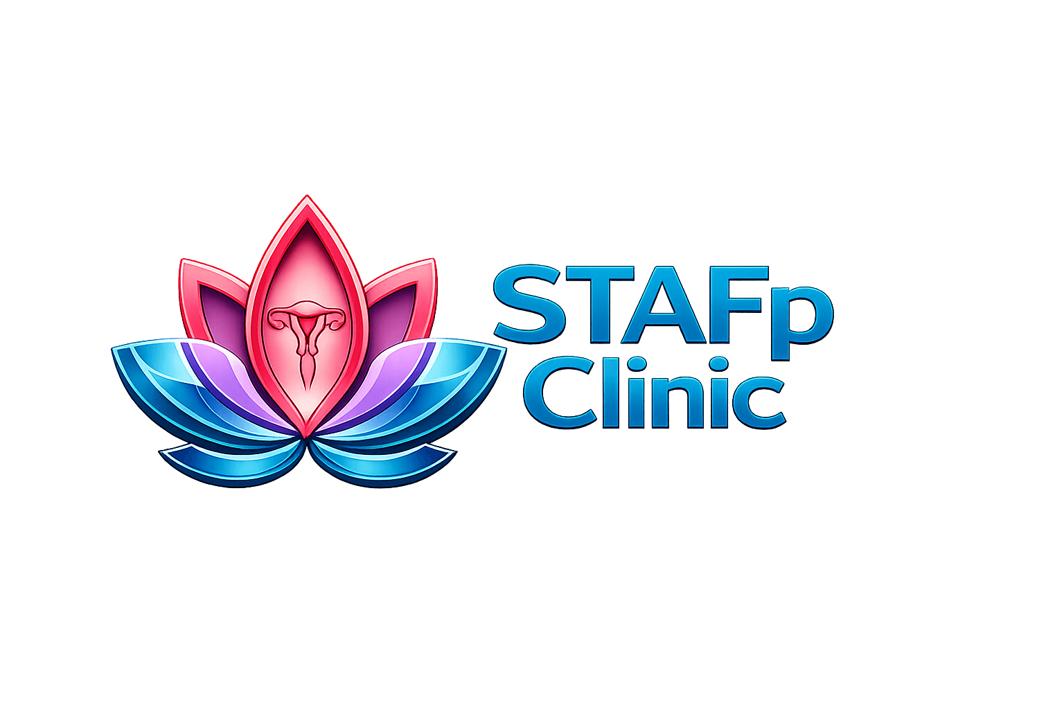 STAFp Clinic logo featuring a stylized lotus flower with a uterus symbol in the center.